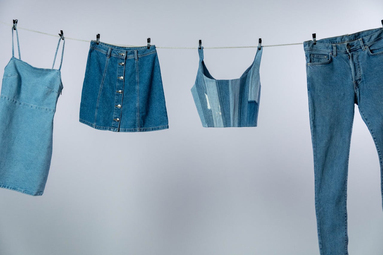 Home Various denim garments drying on a clothesline against a neutral background.